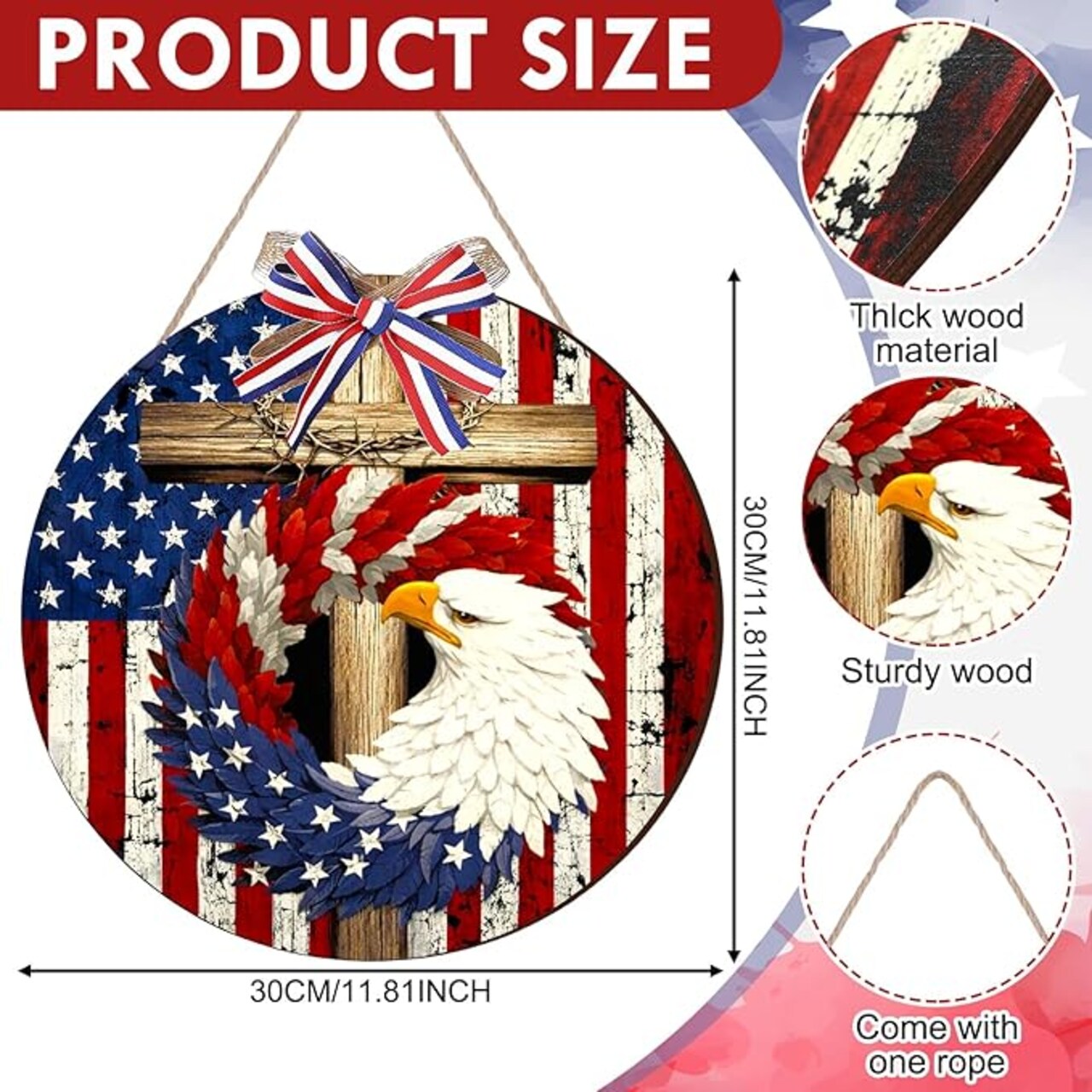 12 Inch 4th of July Patriotic Eagle Door Sign, Red White Blue Hanging Wreath for Independence Day, Memorial Day & 250th Anniversary Front Door Decor